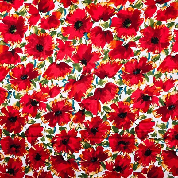 Poppies Floral Fabric Red Flowers Minerva Jardin Remnant Stretch Cotton Sateen - Picture 1 of 8